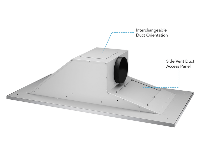 Angled view of the 600 CFM Flush Ceiling Mount Range Hood – VICTORY Sunset internal housing, compact 10-inch height fits shallow ceilings