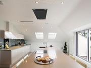 600 CFM Black Flush Ceiling Mount Range Hood - VICTORY Sunset in modern white kitchen with island