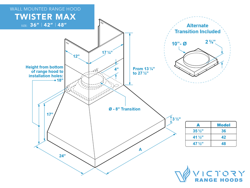42 Inch 1200 CFM Wall Mount Range Hood - VICTORY TwisterMAX