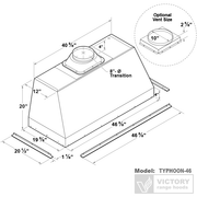 48 Inch Range Hood Insert dimensional diagram showing 20-inch height, 20-inch depth, and 10-inch optional vent size
