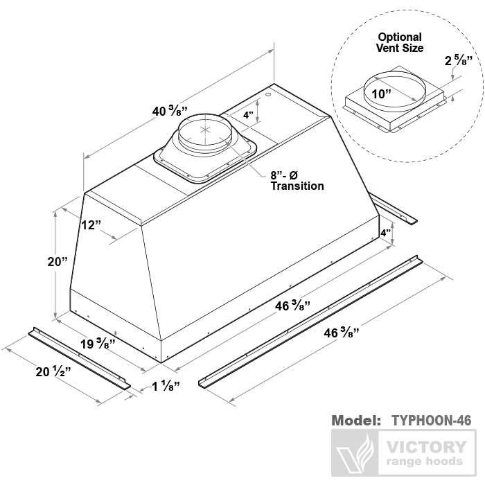 48 Inch Range Hood Insert dimensional diagram showing 20-inch height, 20-inch depth, and 10-inch optional vent size