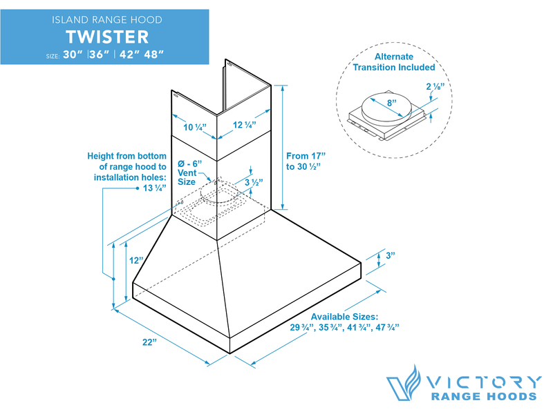 Dimensional blueprint of the VICTORY Twister showing the 8-inch transition, 6-inch vent size, and adjustable chimney height details