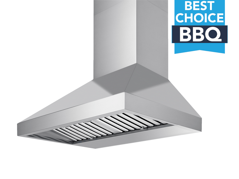 36 Inch 1200 CFM Outdoor Range Hood in stainless steel with pyramid canopy design and baffle filters, built to capture heavy BBQ smoke in outdoor kitchens