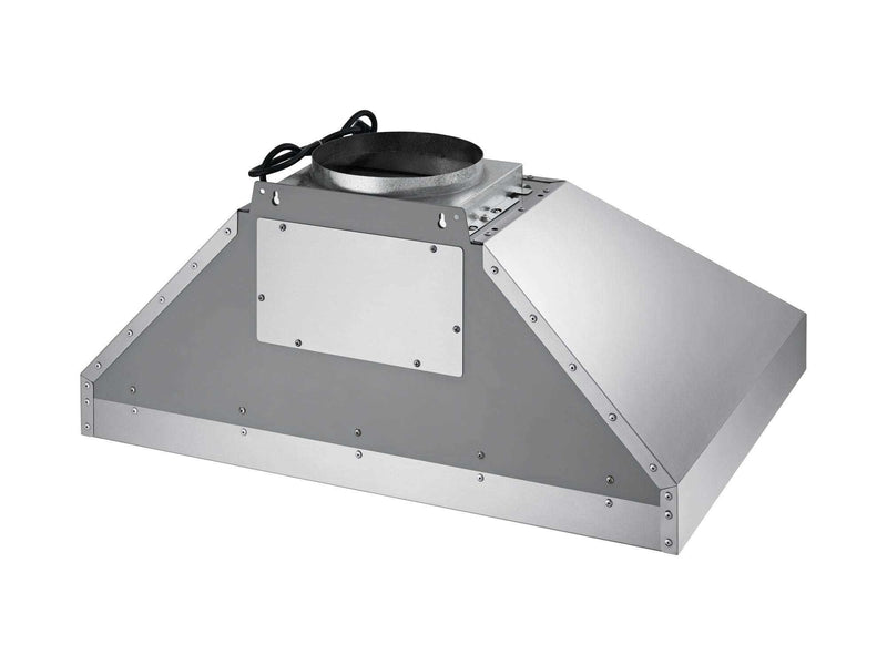 Rear/top view of the VICTORY Twister wall mount range hood showing dual-exhaust transition and 3-prong power cord for easy installation