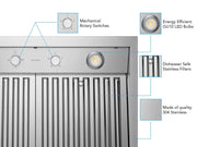 Technical diagram showing mechanical rotary switches, GU10 LED bulbs, and 304 stainless steel baffle filters
