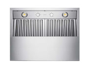 Underside of the Victory BBQ hood featuring heat-resistant mechanical rotary knobs, front LEDs, and pro-grade baffle filters
