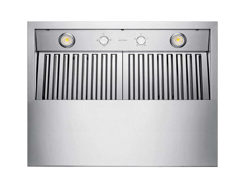 Underside of an outdoor hood showing mechanical rotary switches, dual LED lights, and professional baffle filters