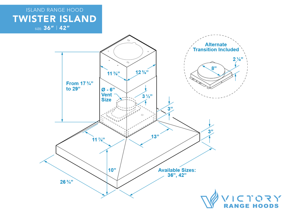 36 Inch Island Range Hood 750 CFM - VICTORY Twister Island