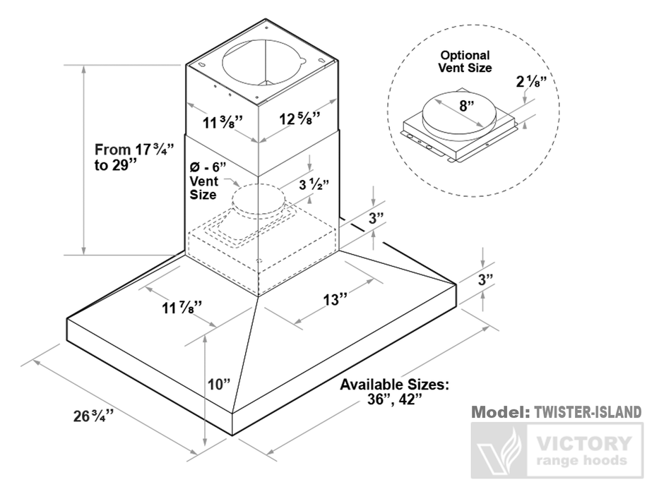 42 Inch Island Range Hood 750 CFM - VICTORY Twister Island