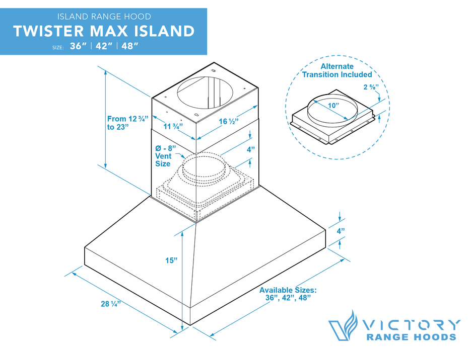 42 Inch Island Range Hood 1200 CFM - VICTORY Twister MAX Island