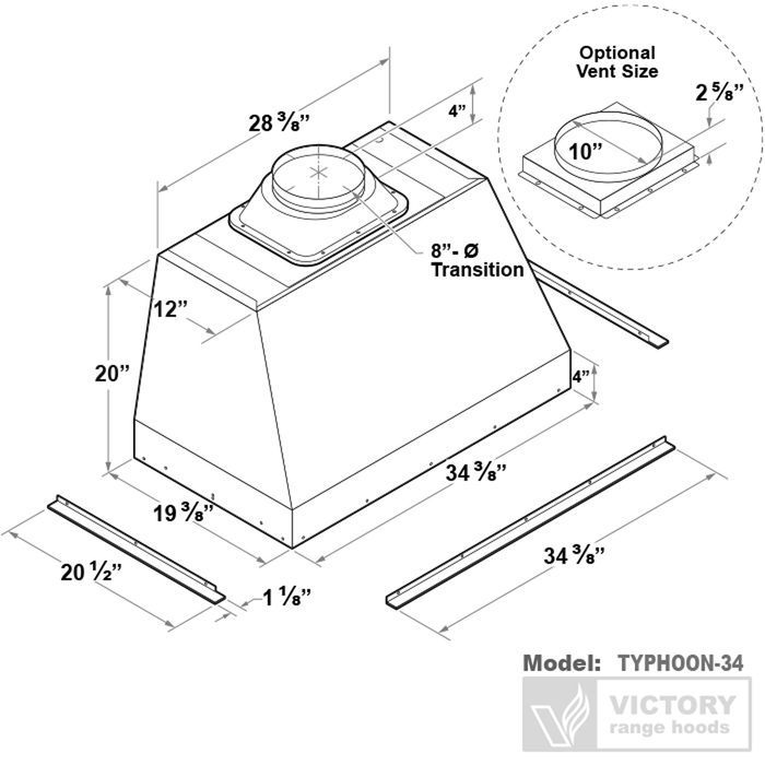 36 Inch 1200 CFM Range Hood Insert - VICTORY Typhoon