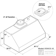 Technical dimensions diagram for the Victory Venice 42 showing the 18-inch height and 8 to 10-inch ducting transitions