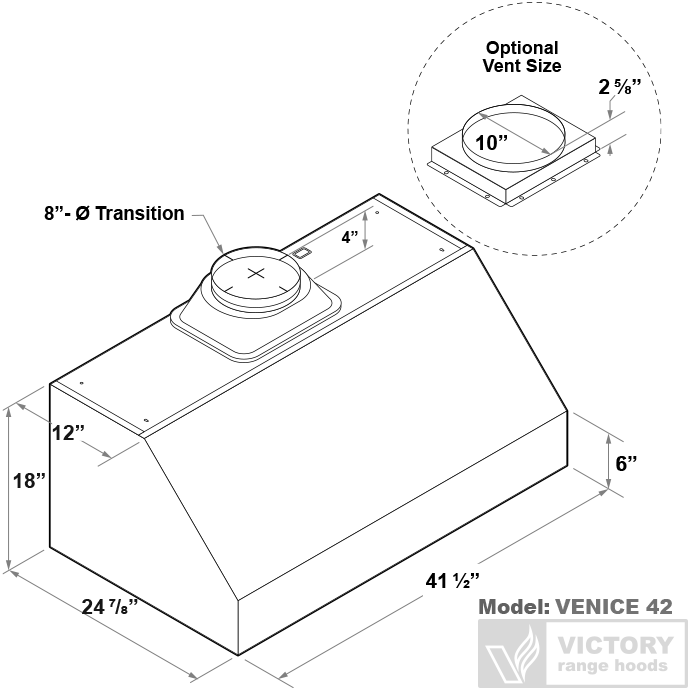 Technical dimensions diagram for the Victory Venice 42 showing the 18-inch height and 8 to 10-inch ducting transitions