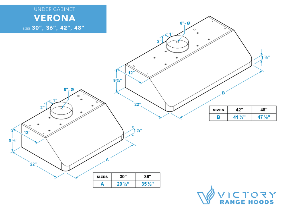 42 Inch 900 CFM Under Cabinet Range Hood - VICTORY Verona