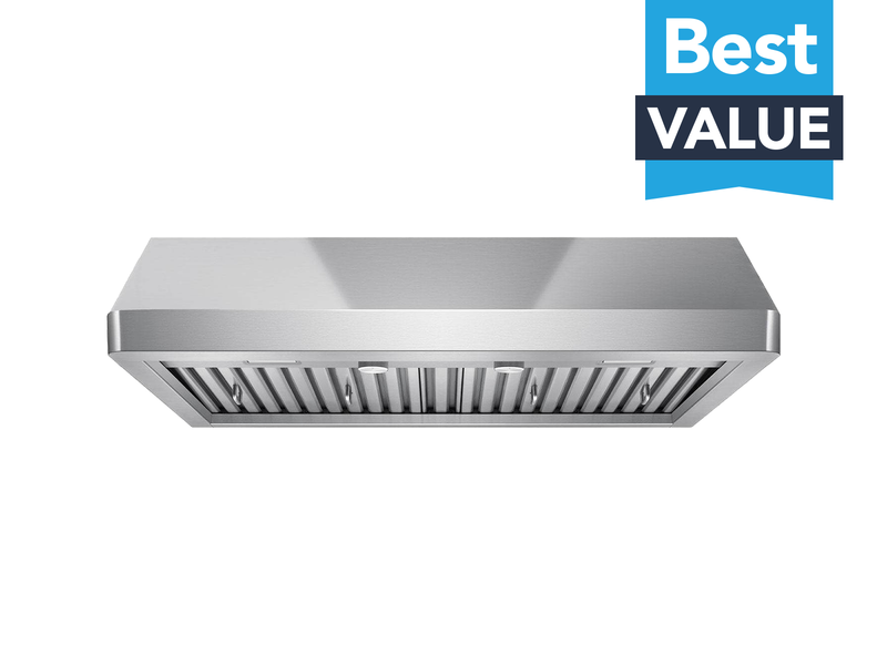 36 Inch Under Cabinet Range Hood front view with stainless baffle filters and Best Value badge