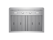 48 Inch 900 CFM under-cabinet range hood underside with baffle filters, knobs, and LED lights