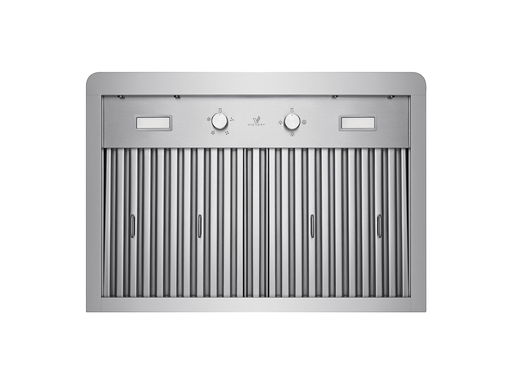 Underside view of the 30 Inch Under Cabinet Range Hood with rotary controls, LED lights, and stainless baffle filters