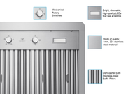 48 Inch 900 CFM Verona feature view with rotary switches, LED light, 304 steel, and baffle filters