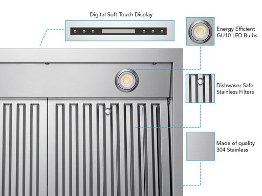 wall mount range hood 30" with soft touch digital controls