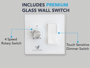 Close-up of the Premium Glass Wall Switch for the VICTORY Sunset, showing the 4-speed rotary dial and touch-sensitive LED dimmer