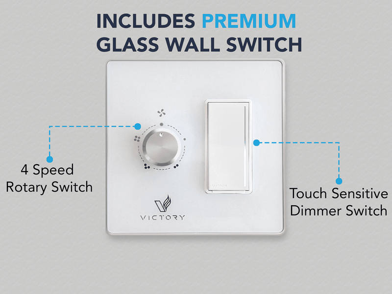 Close-up of the Premium Glass Wall Switch for the VICTORY Sunset, showing the 4-speed rotary dial and touch-sensitive LED dimmer