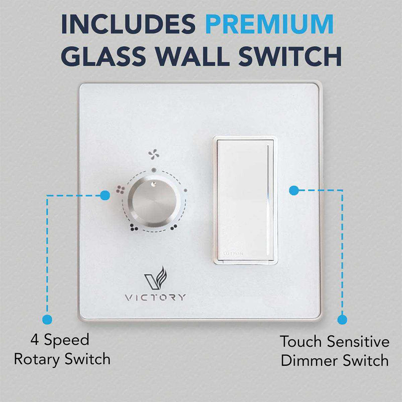 Premium glass wall switch for the Horizon hood featuring a 4-speed rotary fan dial and a touch-sensitive light dimmer