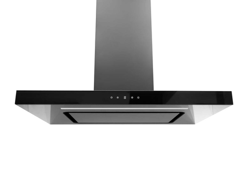 36 Inch 600 CFM Black Wall Mount Range Hood with matte black finish and tempered glass panels