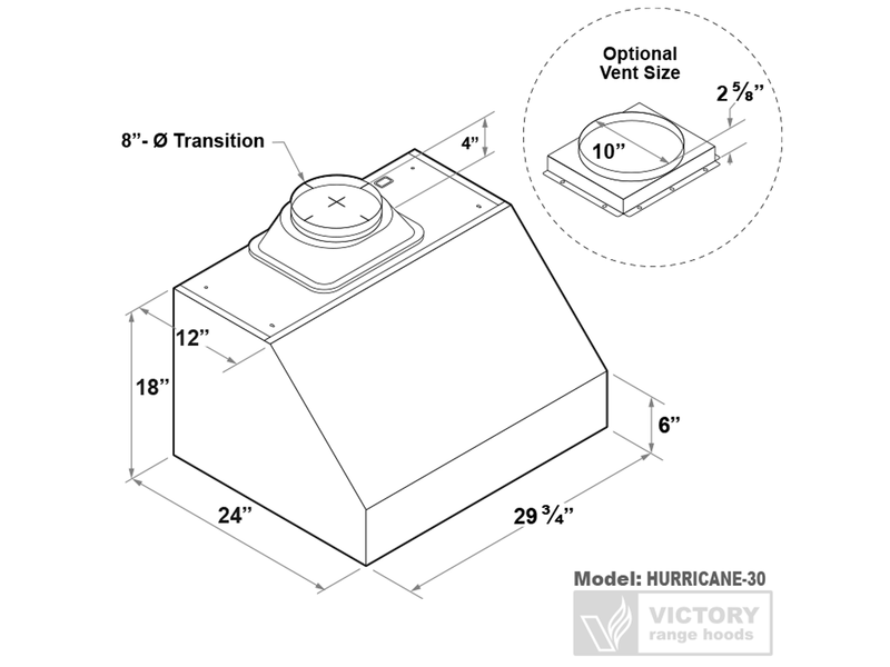 Dimensional diagram of the 30 Inch 1200 CFM VICTORY Hurricane showing the 24-inch professional depth and 8-inch to 10-inch duct transition options