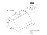 Dimension diagram of VICTORY Hurricane under cabinet range hood showing exact measurements and 8-inch to 10-inch duct transition options for precise installation