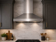 VICTORY Twister 36 Inch 750 CFM Wall Mount Range Hood Installed in Modern Kitchen with LED Lights On