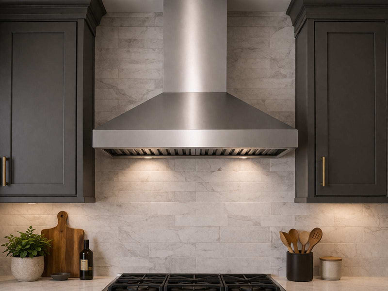 VICTORY Twister 36 Inch 750 CFM Wall Mount Range Hood Installed in Modern Kitchen with LED Lights On