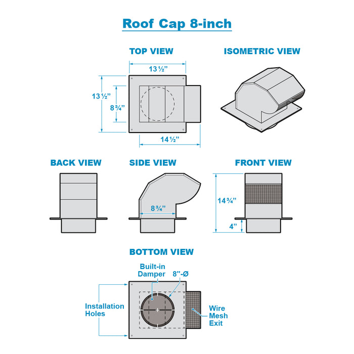 Galvanized Steel Roof Cap - 8" Duct