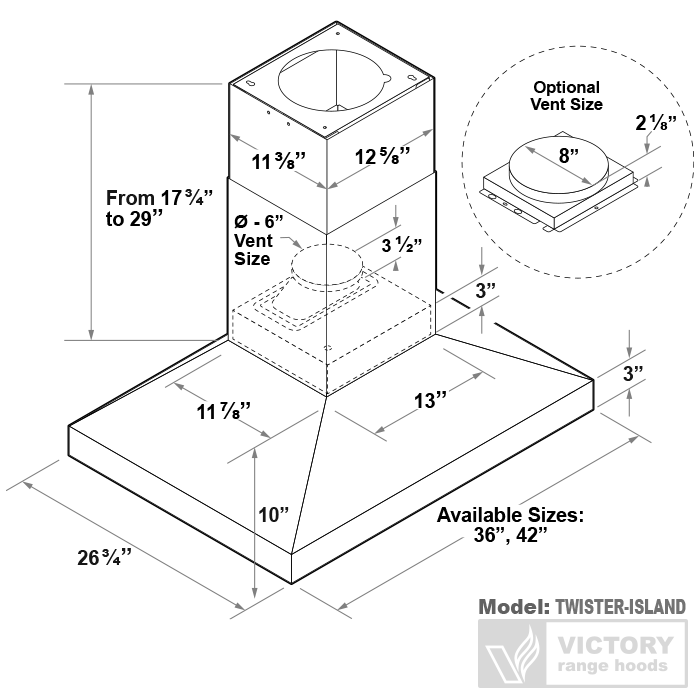 dimensions diagram for island cooker hood